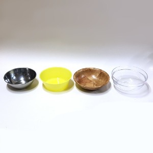 여러가지 물질그릇4종(금속,플라스틱,나무,유리그릇)